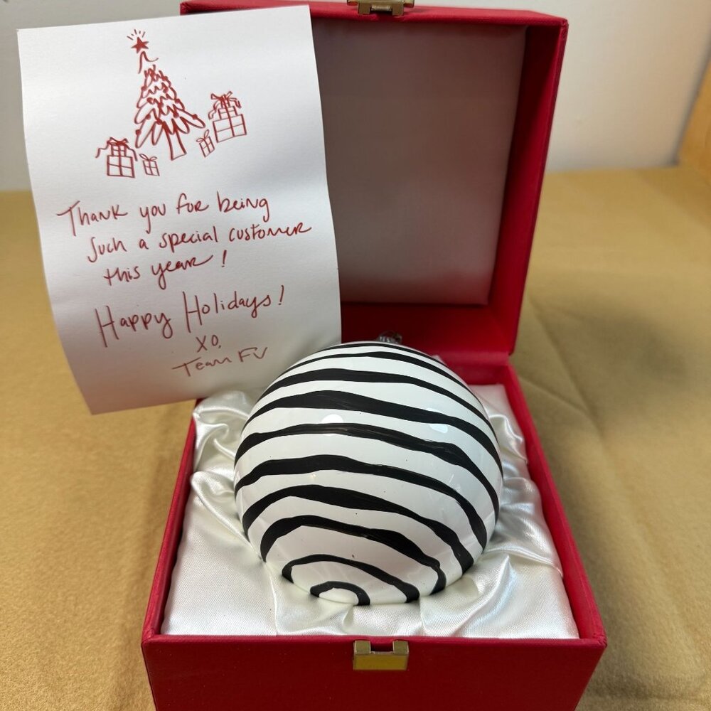 Black & White Zebra Stripe Ceramic Christmas Ornament Bulb Red Gift Box Team FV
